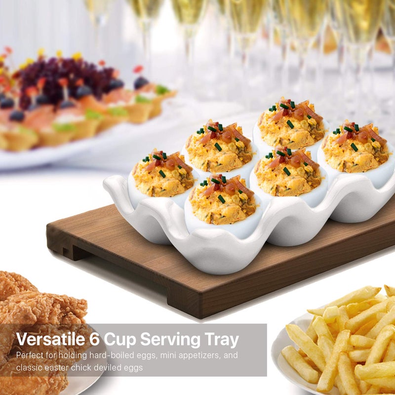 Flexzion Ceramic Egg Holder for Fridge - 6 Cups Egg Tray Half Dozen Porcelain Container Keeper Storage Organizer Decorative Serving Dish Serveware for Refrigerator Countertop Display Kitchen (White) - Image 5